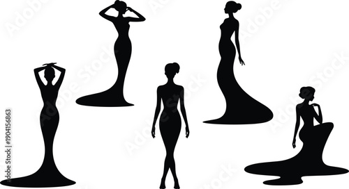 Elegant female silhouette evening gown poses standing and sitting women long dress figures isolated on white background