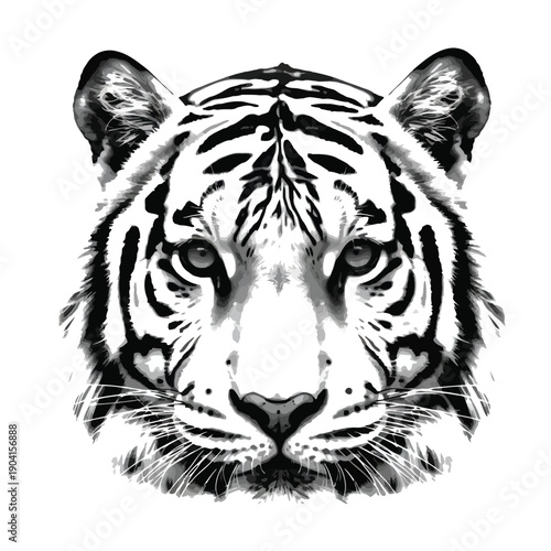 Stunning black and white tiger head with intense gaze