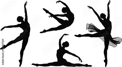 Ballet dancer silhouettes performing dynamic jumps and graceful poses, female classical dance movements black vector illustration isolated white background