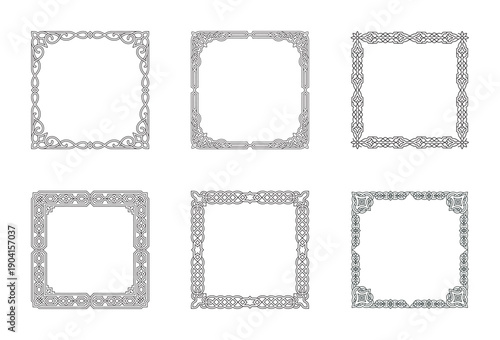 A collection of six intricate ornamental frames featuring unique corner and border designs