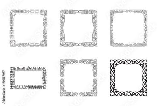 A set of six intricate black celtic knotwork frames and borders for decorative purposes