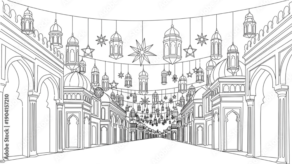 Obraz premium High-quality black continuous line art of a street decorated with Ramadan lights and lanterns, perspective view