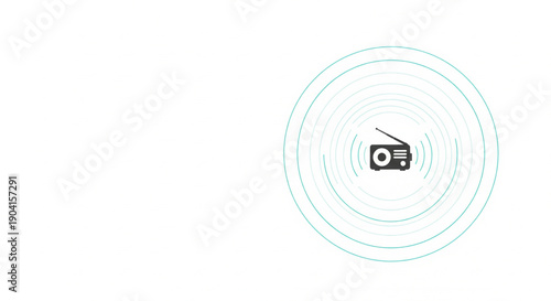 A minimalistic graphic of a radio emitting sound waves or signals on a white background.