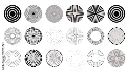 Concentric Circle Pattern, featuring radial dotted rings and abstract ripple sound waves, optical illusion effects, linear geometric elements, hypnotic vertigo spirals, dot gradients, 