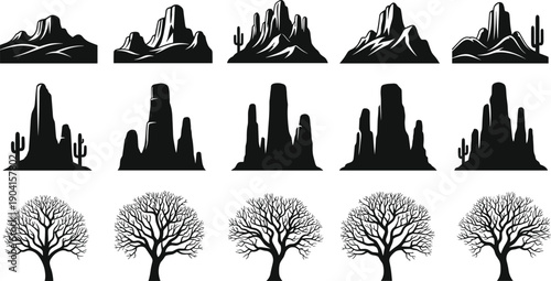 Black silhouettes of desert mountain peaks with cactus and bare winter trees set, isolated vector illustration for wild west nature and landscape design,