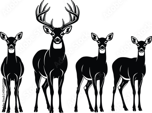 Canvas Print Black silhouettes of deer family set with buck and does, forest wildlife animals
