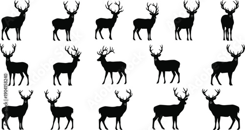 Black silhouettes of male deer and bucks with large antlers set, isolated vector illustration for hunting club, forest wildlife nature and woodland design,