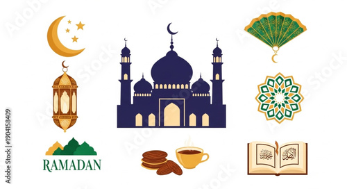 Ramadan Islamic Symbols Collection Mosque Lantern Crescent Moon.