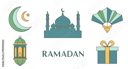 Ramadan Islamic Symbols Collection Mosque Crescent Moon Lantern Gift Fan.
