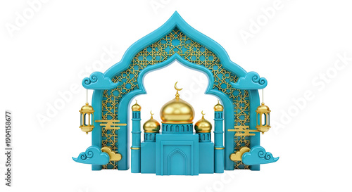 Turquoise and Gold Islamic Archway with Mosque and Lanterns