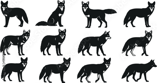 Collection of black fox silhouettes in various poses including standing, walking, and sitting, set of wild animal vector icons for nature design elements,