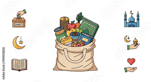 Ramadan Kareem food and gift basket with Islamic symbols.