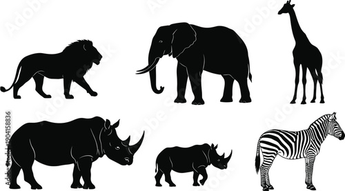 Collection of African safari animal silhouettes including lion elephant giraffe rhino and zebra, wild wildlife vector icons for nature and conservation design,