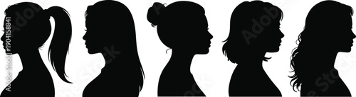 Profile silhouettes of five women showcasing different hairstyles and head shapes