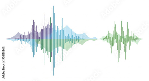Colorful digital audio waveform with symmetrical reflection, showing sound frequencies and amplitudes.