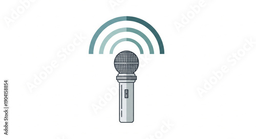 Illustration of a grey microphone with teal sound waves radiating upwards on a white background, symbolizing audio recording or broadcasting.