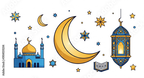 Ramadan Islamic Symbols Crescent Moon Mosque Lantern and Quran.