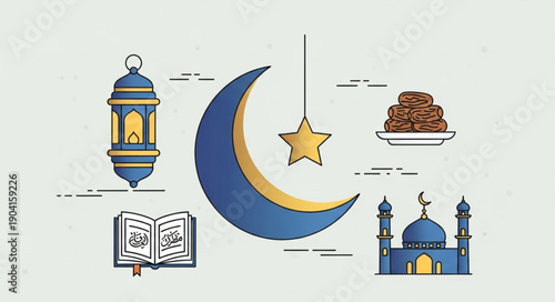Ramadan Islamic Symbols Crescent Moon Lantern Mosque Dates Book.