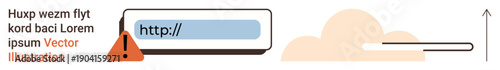 Cybersecurity, data protection, online access, tech warnings, internet safety, cloud storage. URL warning with alert icon and a cloud storage loading bar. Cybersecurity and data protection concept