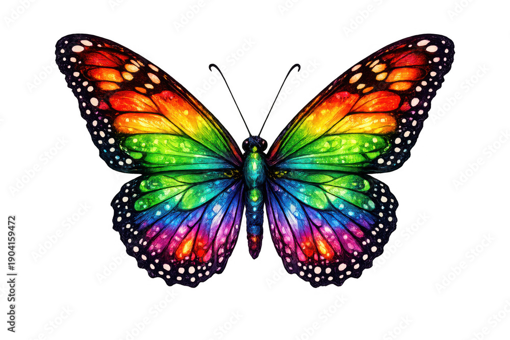 Obraz premium Colorful butterfly displaying vibrant rainbow wings and intricate patterns, symbolizing diversity, freedom, and transformation on transparent background