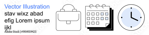 Business management, office tools, time management, productivity, scheduling, work organization. Icon set with briefcase, calendar and clock. Business management and office tools concept