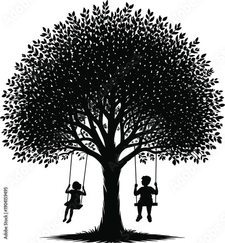 Silhouette of a large, leafy tree with two children swinging on swings suspended from its branches, evoking childhood joy and nature