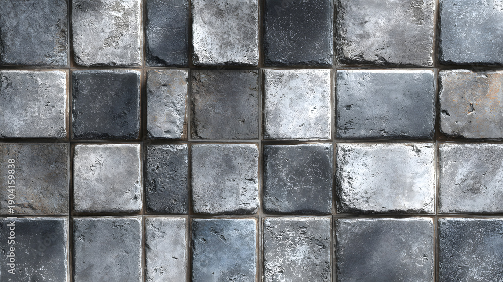 Fototapeta premium Grey ceramic tile grid with worn concrete texture and grout lines, ideal for industrial interiors, bathroom walls, and architectural mockups.