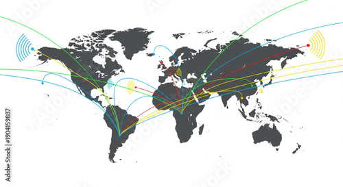 A world map illustrating global network connections and data flow across continents with colored lines and radar symbols.