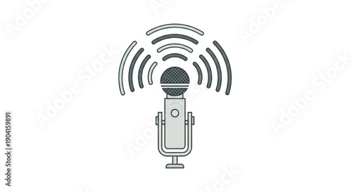 A simple line art illustration of a microphone with radiating sound waves, symbolizing audio broadcasting or recording.