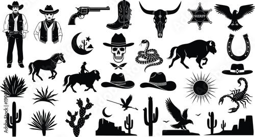 Large set of black wild west silhouettes including cowboys desert plants animals and western equipment isolated on white background for nature design elements,
