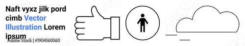 Agreement, connection, communication, teamwork, human interaction, cloud technology. A thumb up gesture, a person icon in a circle and a cloud illustration. Agreement and connection concept