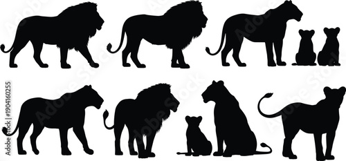 Lion silhouette vector set, African wildlife pride collection, male lion with mane, lioness and cubs family, safari animal shadows isolated on white, predators.