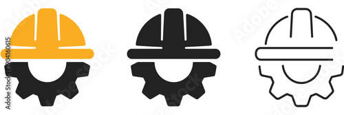 Construction Helmet on the Gear Icons Set, featuring construction, labor, and engineering symbols with helmet and gear graphics in flat or line icon style for industrial stock vector design use.