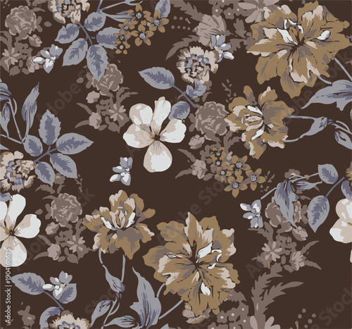 Big flowers pattern, upscale floral pattern. graphical textures floral, trendy colors pattern , flowers background with leaves. vector illustration.