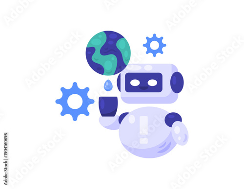 Illustration of a warning of a robot drinking clean water on earth. AI systems are depleting the world's water. Intelligence technology is depleting a lot of clean drinking water. Dangers