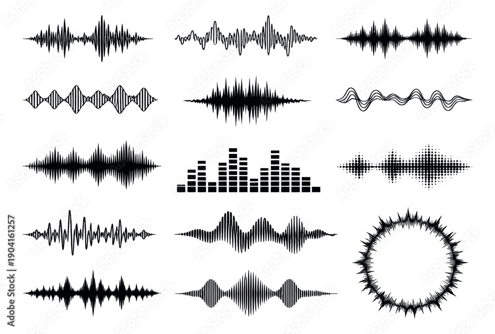 Obraz premium Abstract audio waveform set featuring diverse sound visualization shapes for music and technology design