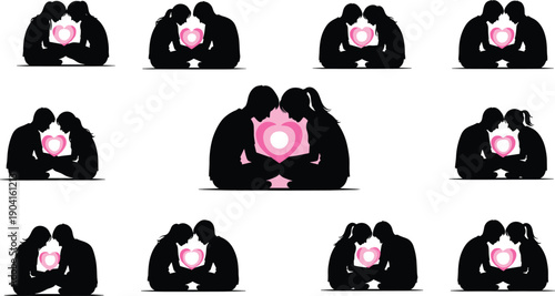 Silhouettes of couples in love sharing a pink glowing heart symbol in various seated poses against a white background