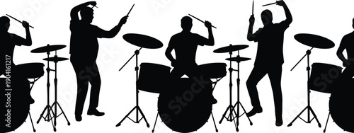 Silhouettes of drummers playing drum kits in various dynamic poses against a clean white background showcasing musical performance and rhythm