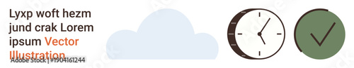 Time management, productivity, workflow, task prioritization, completion tracking, efficiency tools. Minimalist designs of a cloud, clock and checkmark symbol. Time management and productivity