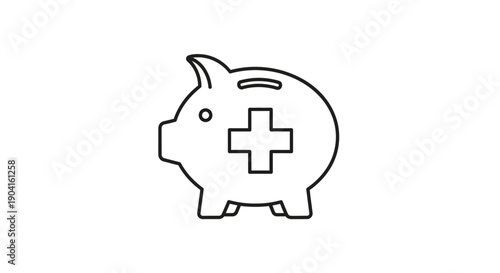 Line art icon of a piggy bank with a medical cross symbol, representing healthcare savings or medical funds.