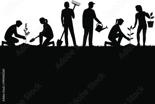 Silhouettes of gardeners planting seedlings and tending to plants in a garden setting with tools and watering can