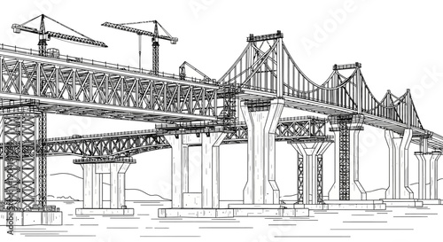 Detailed line art illustration of a large multi-span bridge under construction with cranes and concrete piers over water.