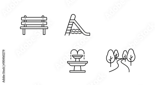 Line art icons depicting various park elements like a bench, slide, fountain, and trees with a path.