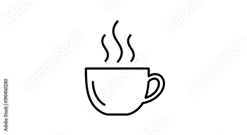 Simple black and white line art icon of a steaming hot cup, representing coffee, tea, or any warm beverage.