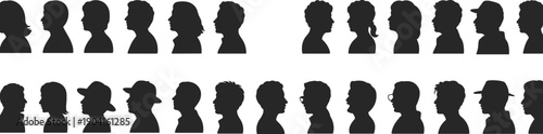 People profile silhouette collection men women head portraits human faces side view isolated vector black character icon set