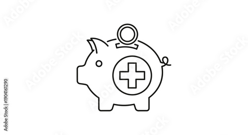 Line art illustration of a piggy bank with a medical cross and a coin being inserted, symbolizing health savings.
