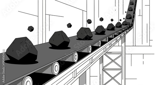 Black and white illustration of a conveyor belt system transporting large chunks of coal or ore in an industrial setting.