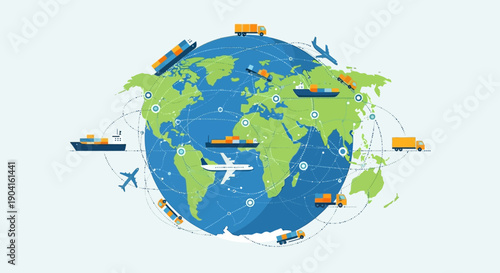 Global logistics network with various transportation methods connecting continents.