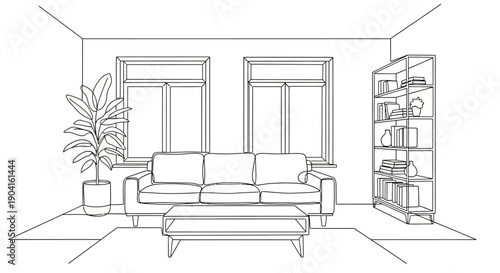 A detailed line art drawing of a modern living room interior with a sofa, coffee table, windows, plant, and bookshelf.
