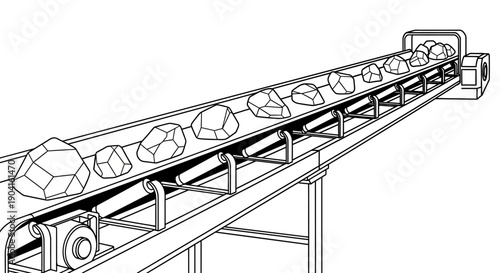 Black and white line drawing of a conveyor belt system transporting various sizes of rocks and minerals in an industrial setting.